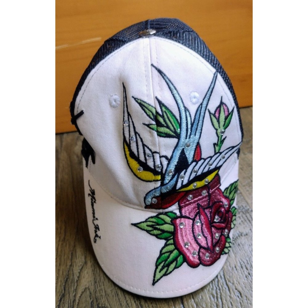 Miami Ink Official Embroidered Mesh Snapback Cap Bird Rose Tattoo Art Adjustable